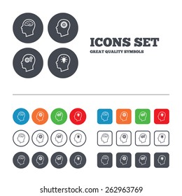 Head with brain and idea lamp bulb icons. Male human think symbols. Cogwheel gears signs. Web buttons set. Circles and squares templates. Vector