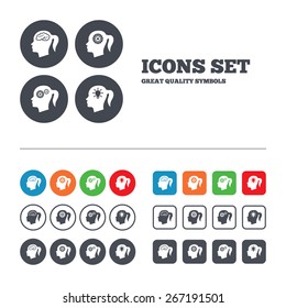 Head with brain and idea lamp bulb icons. Female woman think symbols. Cogwheel gears signs. Web buttons set. Circles and squares templates. Vector
