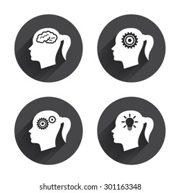 Head with brain and idea lamp bulb icons. Female woman think symbols. Cogwheel gears signs. Circles buttons with long flat shadow. Vector