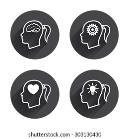 Head with brain and idea lamp bulb icons. Female woman think symbols. Cogwheel gears signs. Love heart. Circles buttons with long flat shadow. Vector