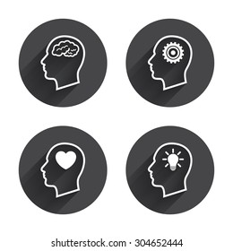 Head with brain and idea lamp bulb icons. Male human think symbols. Cogwheel gears signs. Love heart. Circles buttons with long flat shadow. Vector