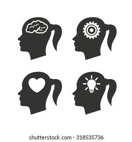 Head with brain and idea lamp bulb icons. Female woman think symbols. Cogwheel gears signs. Love heart. Flat icons on white. Vector