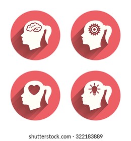 Head with brain and idea lamp bulb icons. Female woman think symbols. Cogwheel gears signs. Love heart. Pink circles flat buttons with shadow. Vector