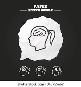 Head with brain and idea lamp bulb icons. Female woman think symbols. Cogwheel gears signs. Paper speech bubble with icon.