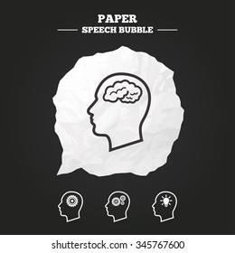 Head with brain and idea lamp bulb icons. Male human think symbols. Cogwheel gears signs. Paper speech bubble with icon.