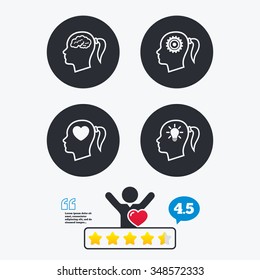 Head with brain and idea lamp bulb icons. Female woman think symbols. Cogwheel gears signs. Love heart. Star vote ranking. Client like and think bubble. Quotes with message.