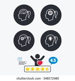 Head with brain and idea lamp bulb icons. Female woman think symbols. Cogwheel gears signs. Star vote ranking. Client like and think bubble. Quotes with message.