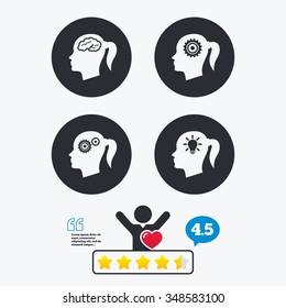 Head with brain and idea lamp bulb icons. Female woman think symbols. Cogwheel gears signs. Star vote ranking. Client like and think bubble. Quotes with message.