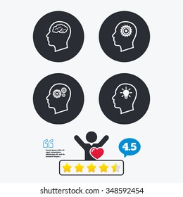 Head with brain and idea lamp bulb icons. Male human think symbols. Cogwheel gears signs. Star vote ranking. Client like and think bubble. Quotes with message.