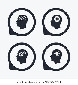 Head with brain and idea lamp bulb icons. Male human think symbols. Cogwheel gears signs. Flat icon pointers.