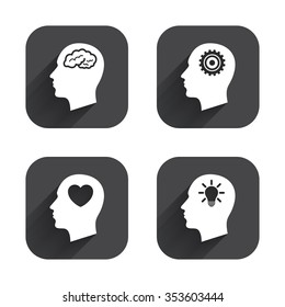 Head with brain and idea lamp bulb icons. Male human think symbols. Cogwheel gears signs. Love heart. Square flat buttons with long shadow.