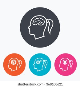 Head with brain and idea lamp bulb icons. Female woman think symbols. Cogwheel gears signs. Circle flat buttons with icon.