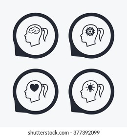 Head with brain and idea lamp bulb icons. Female woman think symbols. Cogwheel gears signs. Love heart. Flat icon pointers.
