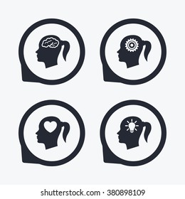Head with brain and idea lamp bulb icons. Female woman think symbols. Cogwheel gears signs. Love heart. Flat icon pointers.