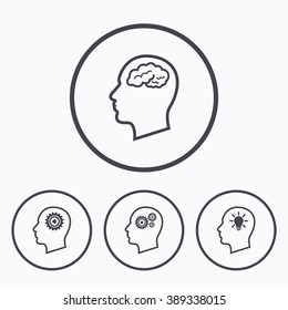 Head with brain and idea lamp bulb icons. Male human think symbols. Cogwheel gears signs. Icons in circles.