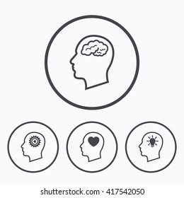 Head with brain and idea lamp bulb icons. Male human think symbols. Cogwheel gears signs. Love heart. Icons in circles.