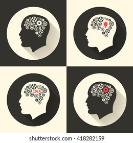 Head with brain and idea lamp bulb pictograph. Male human think symbols. Vector illustration