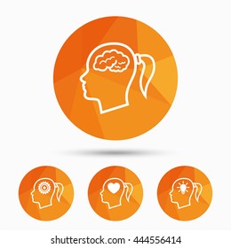Head with brain and idea lamp bulb icons. Female woman think symbols. Cogwheel gears signs. Love heart. Triangular low poly buttons with shadow. Vector
