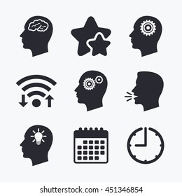 Head with brain and idea lamp bulb icons. Male human think symbols. Cogwheel gears signs. Wifi internet, favorite stars, calendar and clock. Talking head. Vector