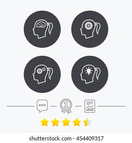 Head with brain and idea lamp bulb icons. Female woman think symbols. Cogwheel gears signs. Chat, award medal and report linear icons. Star vote ranking. Vector
