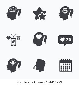 Head with brain and idea lamp bulb icons. Female woman think symbols. Cogwheel gears signs. Love heart. Flat talking head, calendar icons. Stars, like counter icons. Vector
