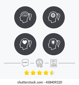 Head with brain and idea lamp bulb icons. Female woman think symbols. Cogwheel gears signs. Love heart. Chat, award medal and report linear icons. Star vote ranking. Vector