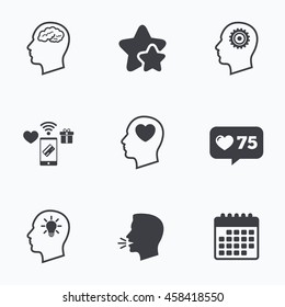Head with brain and idea lamp bulb icons. Male human think symbols. Cogwheel gears signs. Love heart. Flat talking head, calendar icons. Stars, like counter icons. Vector