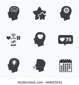 Head with brain and idea lamp bulb icons. Male human think symbols. Cogwheel gears signs. Love heart. Flat talking head, calendar icons. Stars, like counter icons. Vector
