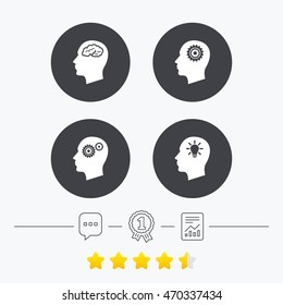 Head with brain and idea lamp bulb icons. Male human think symbols. Cogwheel gears signs. Chat, award medal and report linear icons. Star vote ranking. Vector