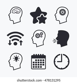 Head with brain and idea lamp bulb icons. Male human think symbols. Cogwheel gears signs. Wifi internet, favorite stars, calendar and clock. Talking head. Vector
