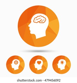 Head with brain and idea lamp bulb icons. Male human think symbols. Cogwheel gears signs. Love heart. Triangular low poly buttons with shadow. Vector