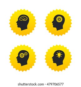 Head with brain and idea lamp bulb icons. Male human think symbols. Cogwheel gears signs. Yellow stars labels with flat icons. Vector
