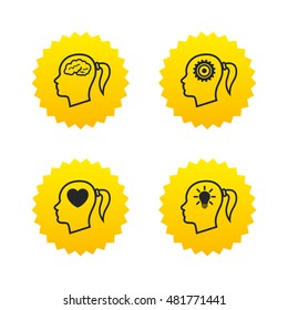 Head with brain and idea lamp bulb icons. Female woman think symbols. Cogwheel gears signs. Love heart. Yellow stars labels with flat icons. Vector