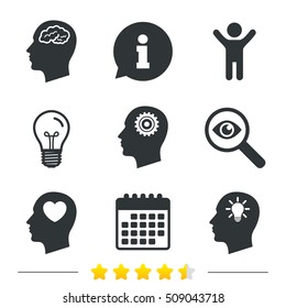 Head with brain and idea lamp bulb icons. Male human think symbols. Cogwheel gears signs. Love heart. Information, light bulb and calendar icons. Investigate magnifier. Vector