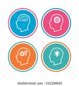 Head with brain and idea lamp bulb icons. Male human think symbols. Cogwheel gears signs. Colored circle buttons. Vector