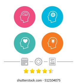 Head with brain and idea lamp bulb icons. Male human think symbols. Cogwheel gears signs. Love heart. Calendar, cogwheel and report linear icons. Star vote ranking. Vector