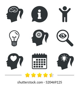 Head with brain and idea lamp bulb icons. Female woman think symbols. Cogwheel gears signs. Love heart. Information, light bulb and calendar icons. Investigate magnifier. Vector
