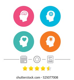 Head with brain and idea lamp bulb icons. Male human think symbols. Cogwheel gears signs. Love heart. Calendar, cogwheel and report linear icons. Star vote ranking. Vector