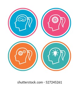 Head with brain and idea lamp bulb icons. Female woman think symbols. Cogwheel gears signs. Colored circle buttons. Vector