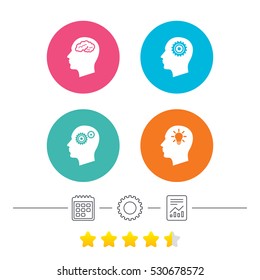 Head with brain and idea lamp bulb icons. Male human think symbols. Cogwheel gears signs. Calendar, cogwheel and report linear icons. Star vote ranking. Vector