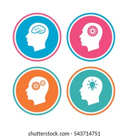 Head with brain and idea lamp bulb icons. Male human think symbols. Cogwheel gears signs. Colored circle buttons. Vector