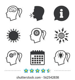 Head with brain and idea lamp bulb icons. Female woman think symbols. Cogwheel gears signs. Information, go to web and calendar icons. Sun and loud speak symbol. Vector