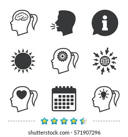 Head with brain and idea lamp bulb icons. Female woman think symbols. Cogwheel gears signs. Love heart. Information, go to web and calendar icons. Sun and loud speak symbol. Vector