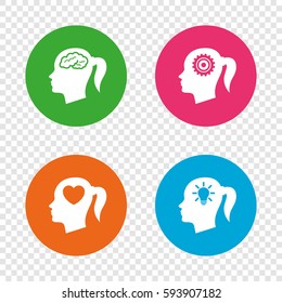 Head with brain and idea lamp bulb icons. Female woman think symbols. Cogwheel gears signs. Love heart. Round buttons on transparent background. Vector