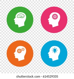 Head with brain and idea lamp bulb icons. Male human think symbols. Cogwheel gears signs. Round buttons on transparent background. Vector