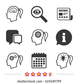 Head with brain and idea lamp bulb icons. Female woman think symbols. Cogwheel gears signs. Newspaper, information and calendar icons. Investigate magnifier, chat symbol. Vector