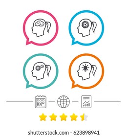 Head with brain and idea lamp bulb icons. Female woman think symbols. Cogwheel gears signs. Calendar, internet globe and report linear icons. Star vote ranking. Vector