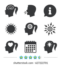 Head with brain and idea lamp bulb icons. Female woman think symbols. Cogwheel gears signs. Love heart. Information, go to web and calendar icons. Sun and loud speak symbol. Vector