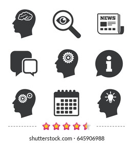 Head with brain and idea lamp bulb icons. Male human think symbols. Cogwheel gears signs. Newspaper, information and calendar icons. Investigate magnifier, chat symbol. Vector