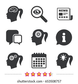 Head with brain and idea lamp bulb icons. Female woman think symbols. Cogwheel gears signs. Newspaper, information and calendar icons. Investigate magnifier, chat symbol. Vector